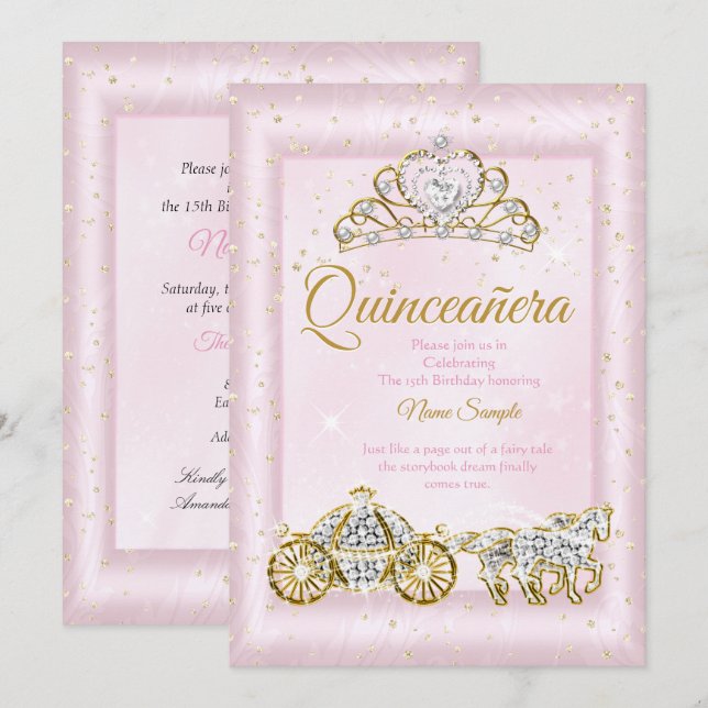 Invitación Quinceañera Cenicienta Carruaje Rosa Rosado (Anverso / Reverso)