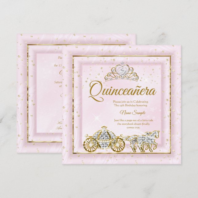 Invitación Quinceañera Cenicienta Rosa Carruaje 2 (Anverso / Reverso)