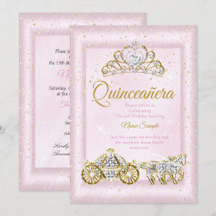 Invitación Quinceañera Cenicienta Rosado Carruaje Rosa