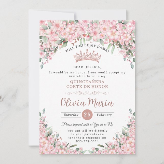 Invitación Quinceañera cerezos Rosa Dama (Anverso)