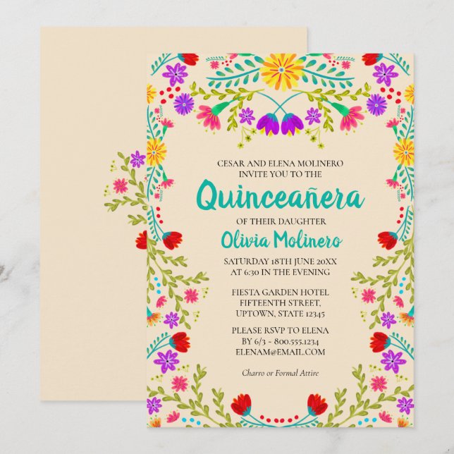 Invitación Quinceanera Champagne Flores Mexicanas Cumpleaños (Anverso / Reverso)