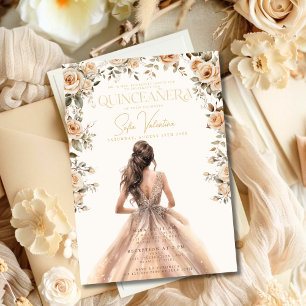 Invitación Quinceañera Champagne Gold Floral Gown Princess