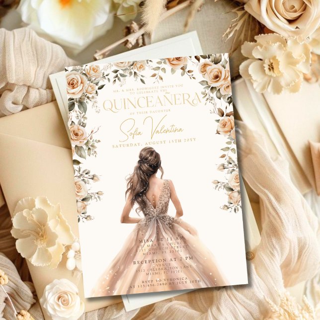 Invitación Quinceañera Champagne Gold Floral Gown Princess (Quinceañera Champagne Gold Floral Gown Princess Invitation)
