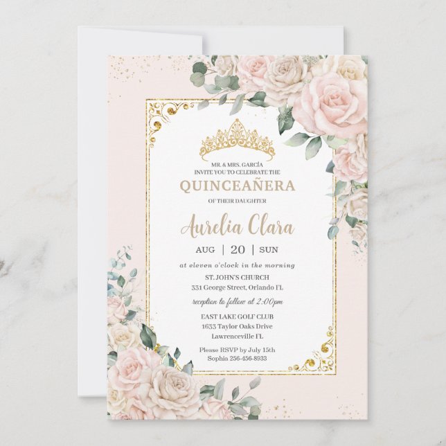 Invitación Quinceañera Champagne Ivory Rubor Floral Gold (Anverso)