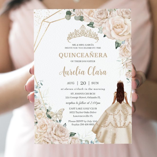 Invitación Quinceanera Champagne Vestido Floral de marfil Pri (Subido por el creador)