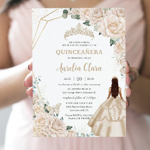 Invitación Quinceanera Champagne Vestido Floral de marfil Pri