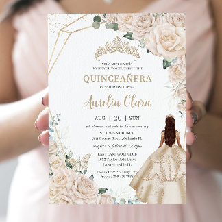 Invitación Quinceanera Champagne Vestido Floral de marfil Pri