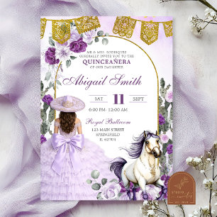 Invitación Quinceañera Charra Mexicana Floral Púrpura