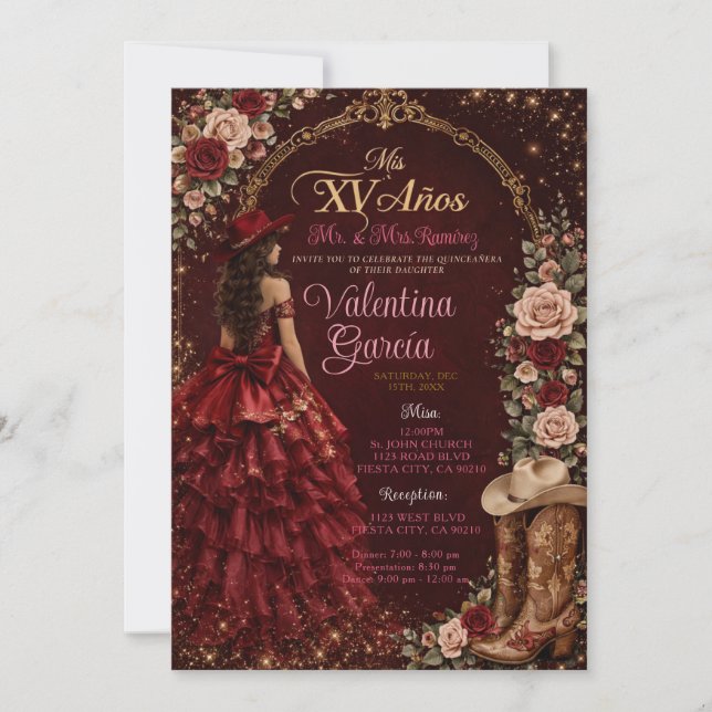 Invitación Quinceañera Charro Burgundy OCCIDENTAL (Anverso)