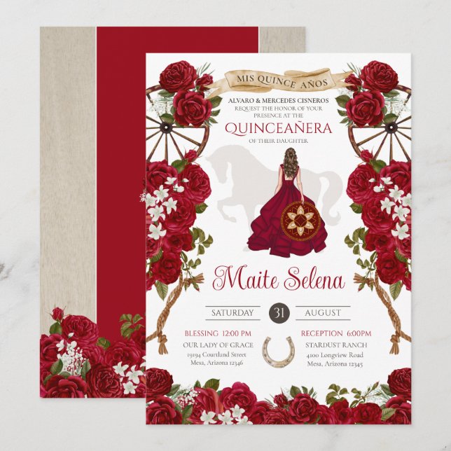 Invitación Quinceanera Charro Elegante Rosa Rojo Floral Occid (Anverso / Reverso)