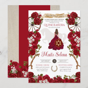 Invitación Quinceanera Charro Elegante Rosa Rojo Floral Occid