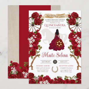 Invitación Quinceanera Charro Elegante Rosa Rojo Floral Occid