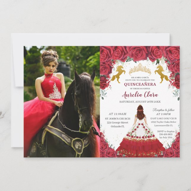 Invitación Quinceañera Charro Red Floral Princesa Caballos de (Anverso)