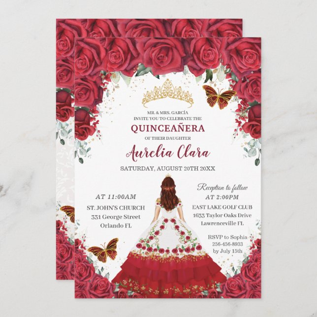 Invitación Quinceañera Charro Red Floral Princesa Zapato de C (Anverso / Reverso)