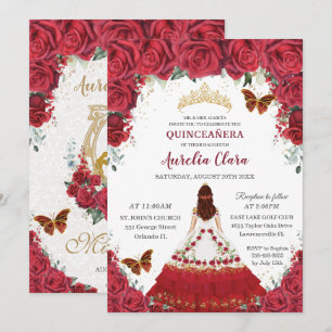 Invitación Quinceañera Charro Red Floral Princesa Zapato de C