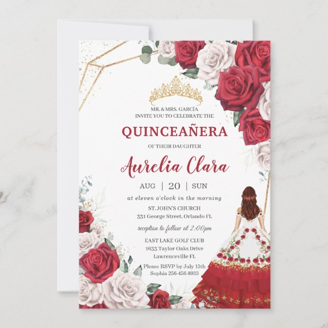Invitación Quinceañera Charro Rojo Roses Blanco Floral Oro (Anverso)
