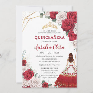Invitación Quinceañera Charro Rojo Roses Blanco Floral Oro