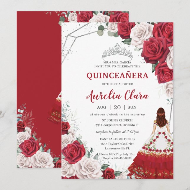 Invitación Quinceañera Charro Rojo Roses Blanco Floral Plata (Anverso / Reverso)