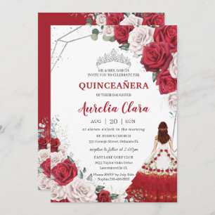 Invitación Quinceañera Charro Rojo Roses Blanco Floral Plata
