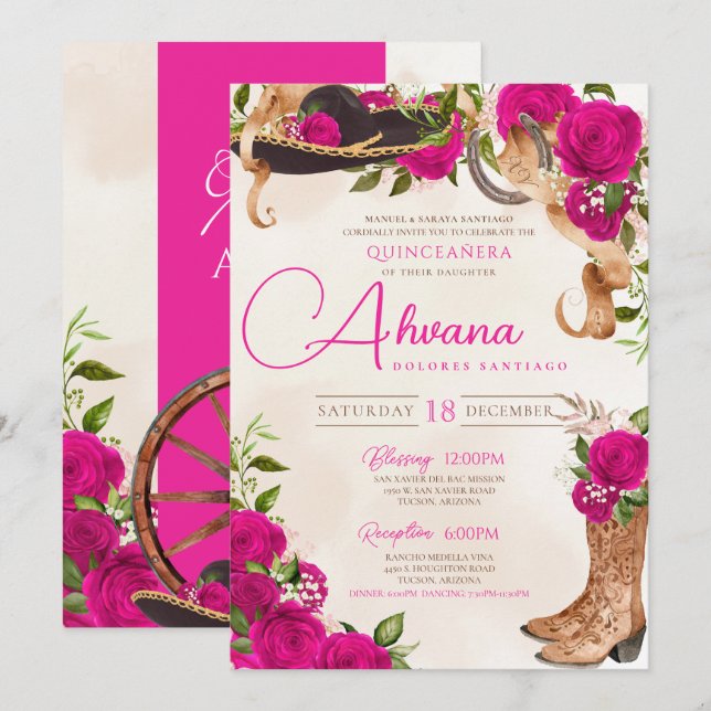 Invitación Quinceañera Charro Rosa Occidental Floral (Anverso / Reverso)