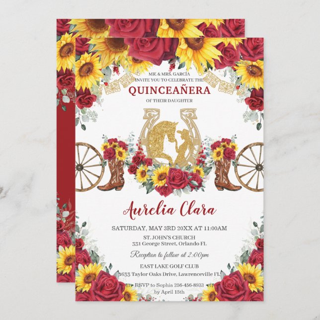 Invitación Quinceañera Charro Sunflowers Roses Roses Bote (Anverso / Reverso)