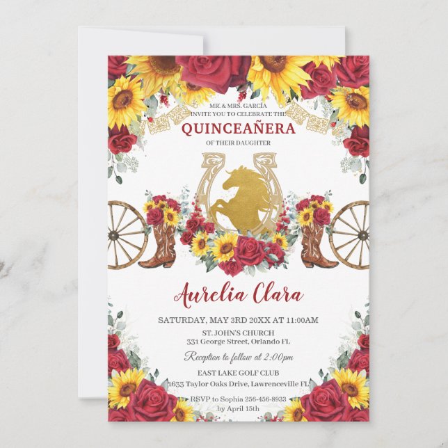 Invitación Quinceañera Charro Sunflowers Roses Roses Roses Ho (Anverso)