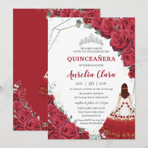 Invitación Quinceañera Charro Vestido Rojo Roses Plata Floral