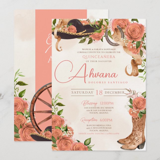 Invitación Quinceañera Charro Western Peach Rosa Floral (Anverso / Reverso)
