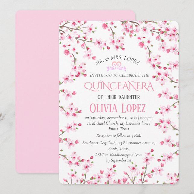 Invitación Quinceañera Cherry Blossom Floral 15º cumpleaños (Anverso / Reverso)