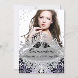 Invitación Quinceañera Chic Púrpura Damask Diamante Joya Foto