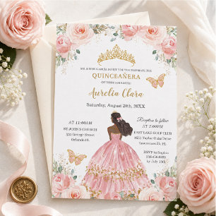 Invitación Quinceañera Chic Rosa Floral Marrón Princesa