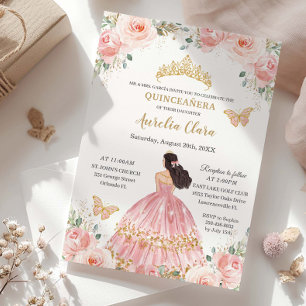 Invitación Quinceañera Chic Rubor Rosa Floral Princesa Dorada