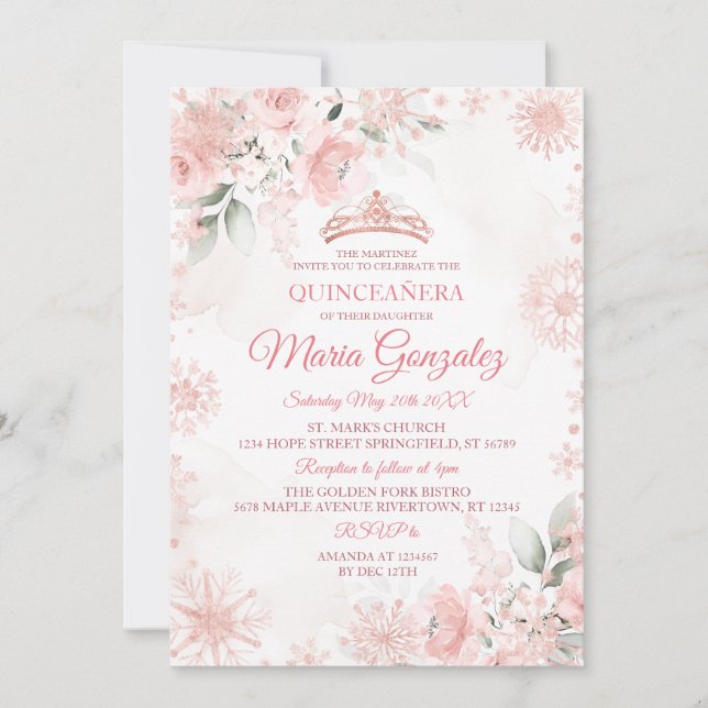 Invitación Quinceañera, Chica de invierno floral de oro rosa  (Anverso)