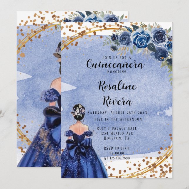 Invitación Quinceanera Chica de Oro de Dusty y Navy Cumpleaño (Anverso / Reverso)