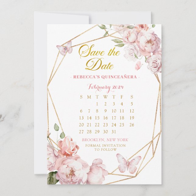 Invitación Quinceañera Chica de Oro Rosado Guardar Calendario (Anverso)