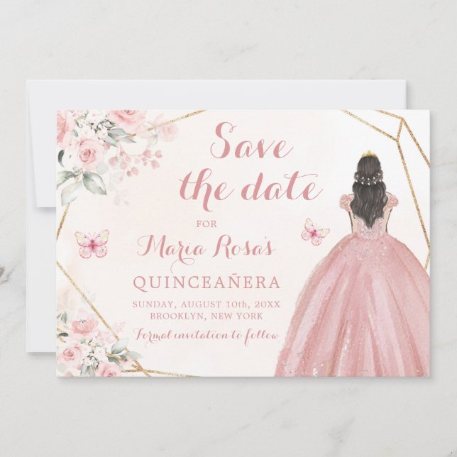 Invitación Quinceañera, Chica floral de oro rosa Rubor (Anverso)