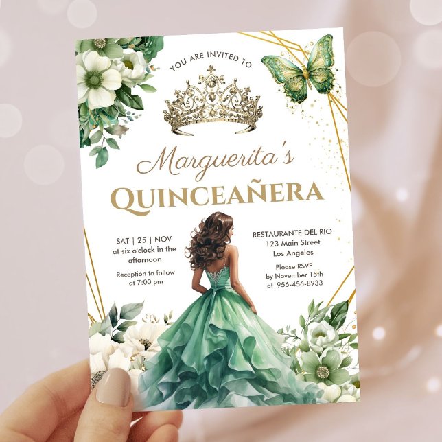 Invitación Quinceañera Chica Oro Verde Tiara Mariposa Floral (Subido por el creador)