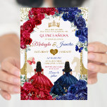 Invitación Quinceanera Chicas de Gemelos Elegantes de Flores<br><div class="desc">Chicas Gemelos Elegantes De Flores Rojas Azules Invitación Quinceanera Mis Quince Anos,  15º Cumpleaños, </div>