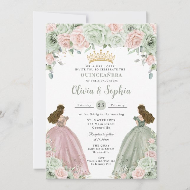Invitación Quinceañera, Chicas gemelos florales de Sage Green (Anverso)