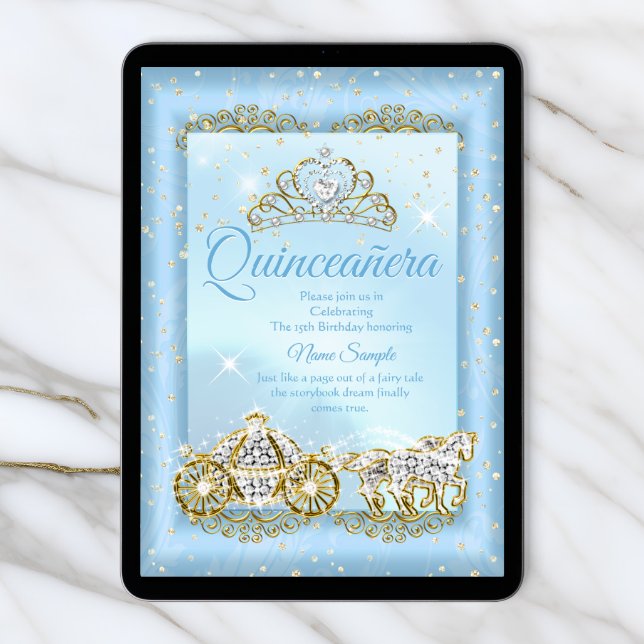 Invitación Quinceanera Cinderella Blue cuento Carrito 