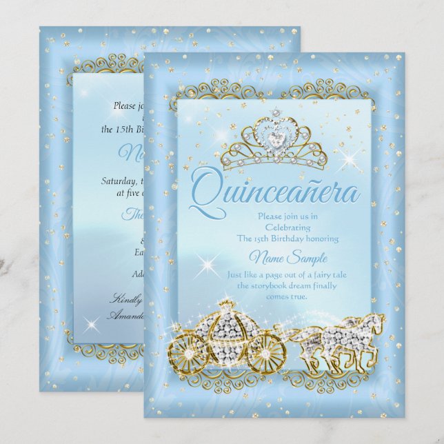 Invitación Quinceanera Cinderella Blue cuento Carrito (Anverso / Reverso)