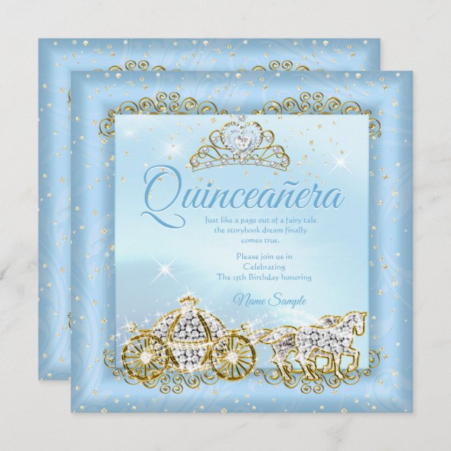 Invitación Quinceanera Cinderella Blue cuento de hadas Carrit (Anverso / Reverso)