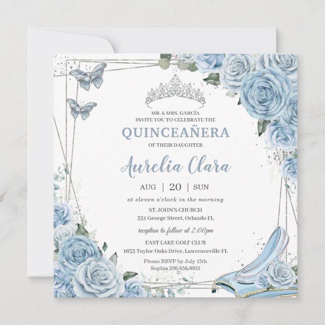 Invitación Quinceañera Cinderella Princesa Bebé Floral Azul (Anverso)