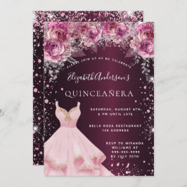 Invitación Quinceanera color burdeos rosa vestido purpurina f