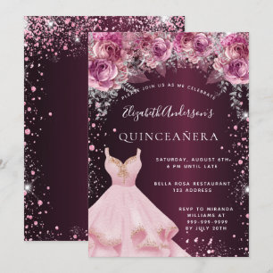 Invitación Quinceanera color burdeos rosa vestido purpurina f