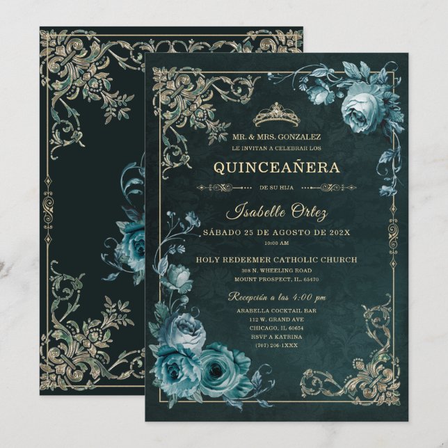 Invitación Quinceañera Color Esmeralda y oro (Anverso / Reverso)