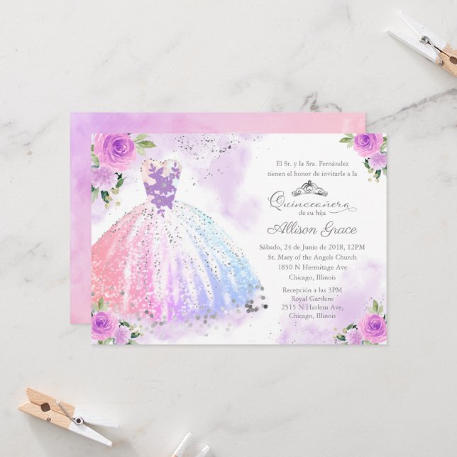 Invitación Quinceanera Colores Pastel Español (Anverso/Reverso In Situ)