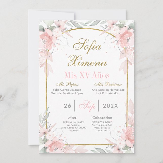 Invitación Quinceañera con Arco de Rosa Pastel y Dorado (Anverso)