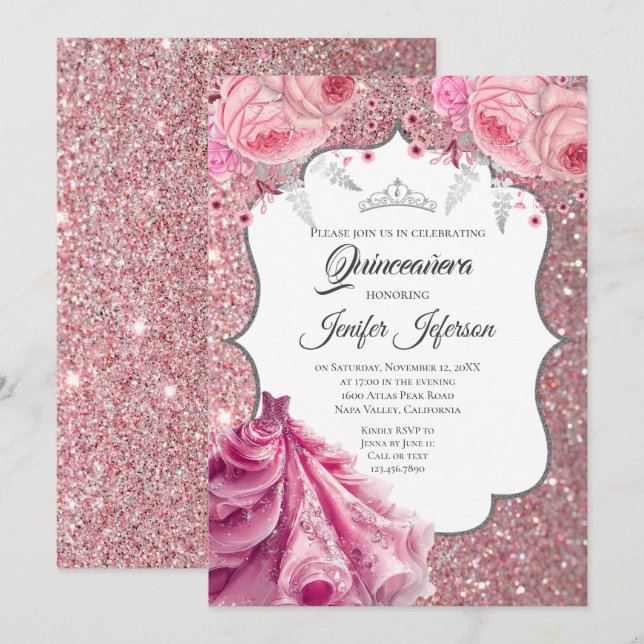 Invitación Quinceañera con brillo plateado (Anverso / Reverso)