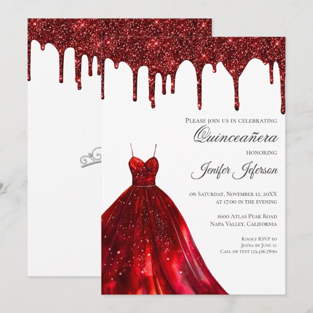 Invitación Quinceañera con brillo plateado (Anverso / Reverso)